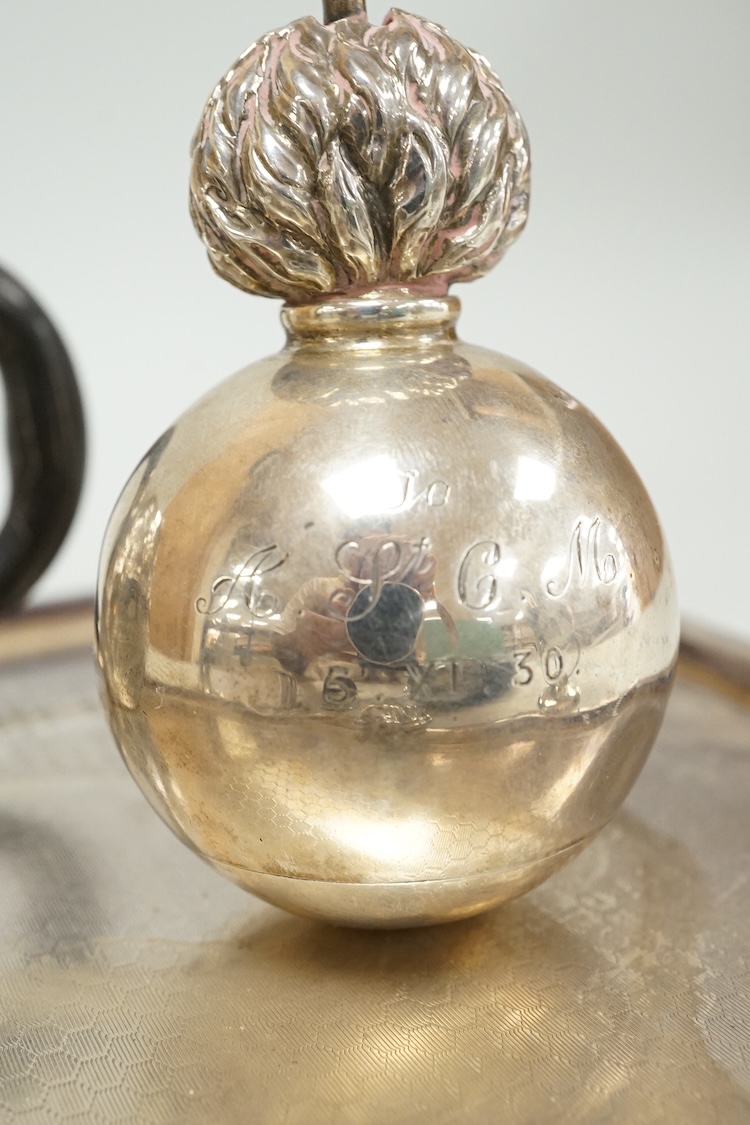 A late 19th century French small white metal Holy Water stoop, 11.4cm, together with a Victorian silver and leather mounted glass hip flask(a.f.), a late Victorian silver 'grenade' lighter by Sampson Mordan & Co, two sil